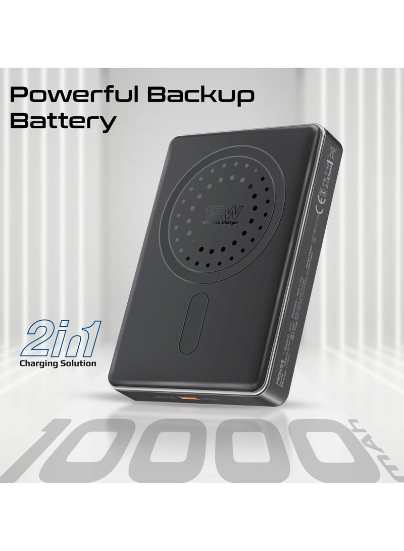 10000 mAh Promate Powerful Power Bank, 10000mAh Battery Charger with 15W MagSafe Compatible Fast Charging, 20W USB-C Input/Output Port, Charge Protection, Smart Battery Indicators, and Durable Aluminium Design, Blade-10 Black