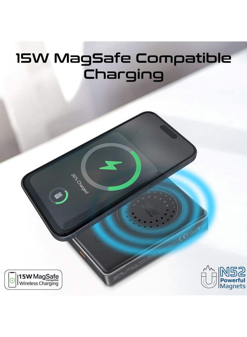 10000 mAh Promate Powerful Power Bank, 10000mAh Battery Charger with 15W MagSafe Compatible Fast Charging, 20W USB-C Input/Output Port, Charge Protection, Smart Battery Indicators, and Durable Aluminium Design, Blade-10 Black