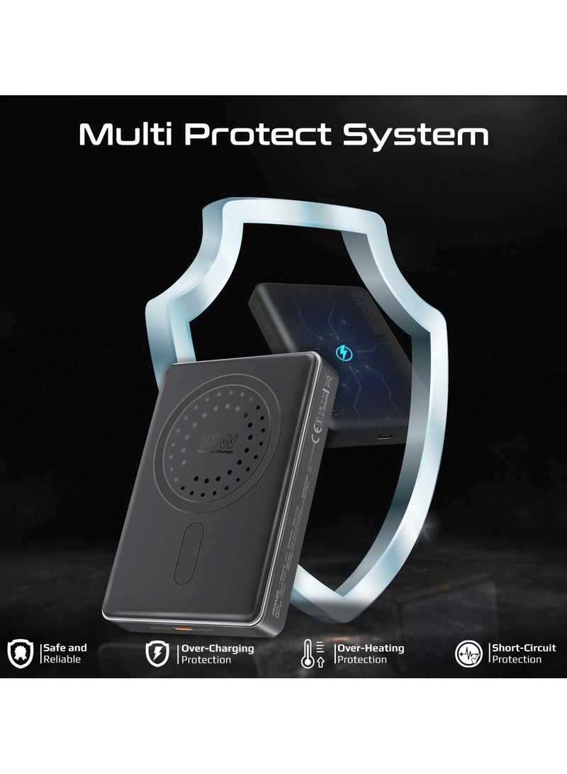 10000 mAh Promate Powerful Power Bank, 10000mAh Battery Charger with 15W MagSafe Compatible Fast Charging, 20W USB-C Input/Output Port, Charge Protection, Smart Battery Indicators, and Durable Aluminium Design, Blade-10 Black