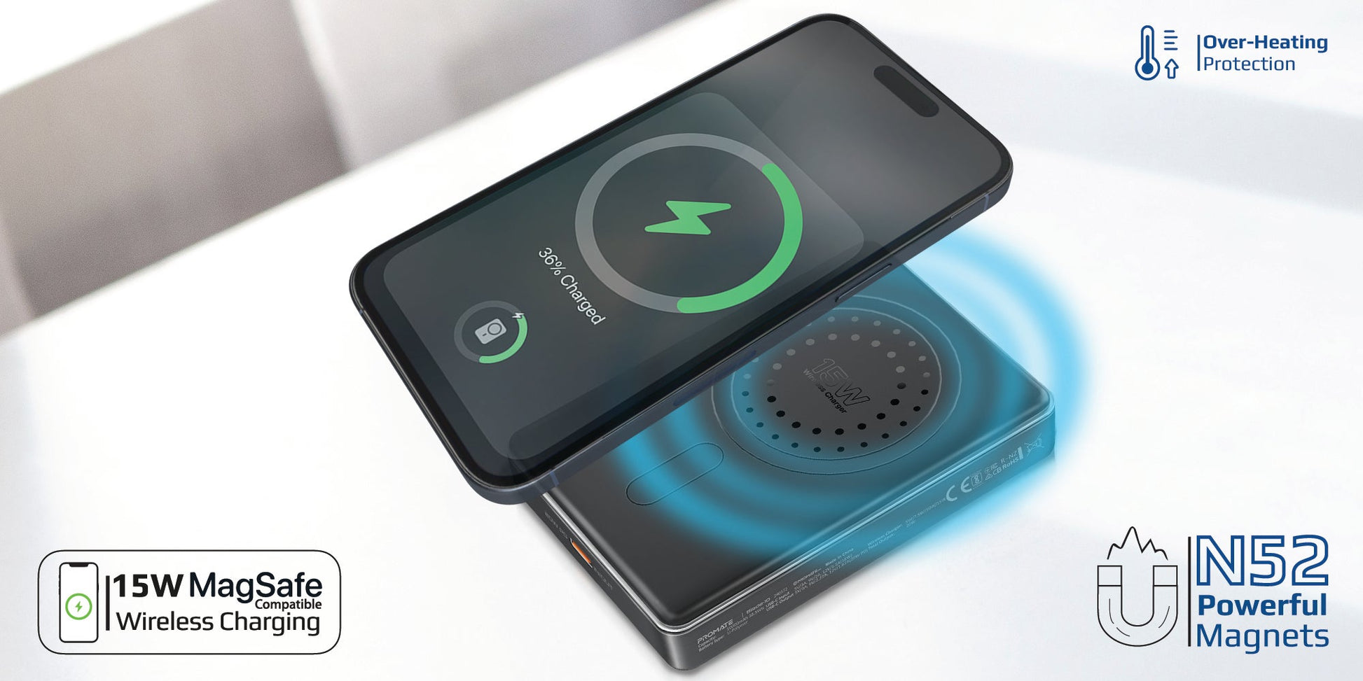 10000 mAh Promate Powerful Power Bank, 10000mAh Battery Charger with 15W MagSafe Compatible Fast Charging, 20W USB-C Input/Output Port, Charge Protection, Smart Battery Indicators, and Durable Aluminium Design, Blade-10 Black