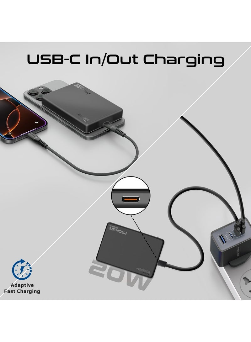 10000 mAh Promate Powerful Power Bank, 10000mAh Battery Charger with 15W MagSafe Compatible Fast Charging, 20W USB-C Input/Output Port, Charge Protection, Smart Battery Indicators, and Durable Aluminium Design, Blade-10 Black